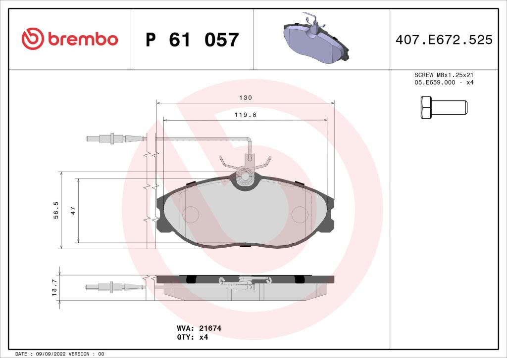 Jeu de 4 plaquettes de frein BREMBO ref. P 61 057