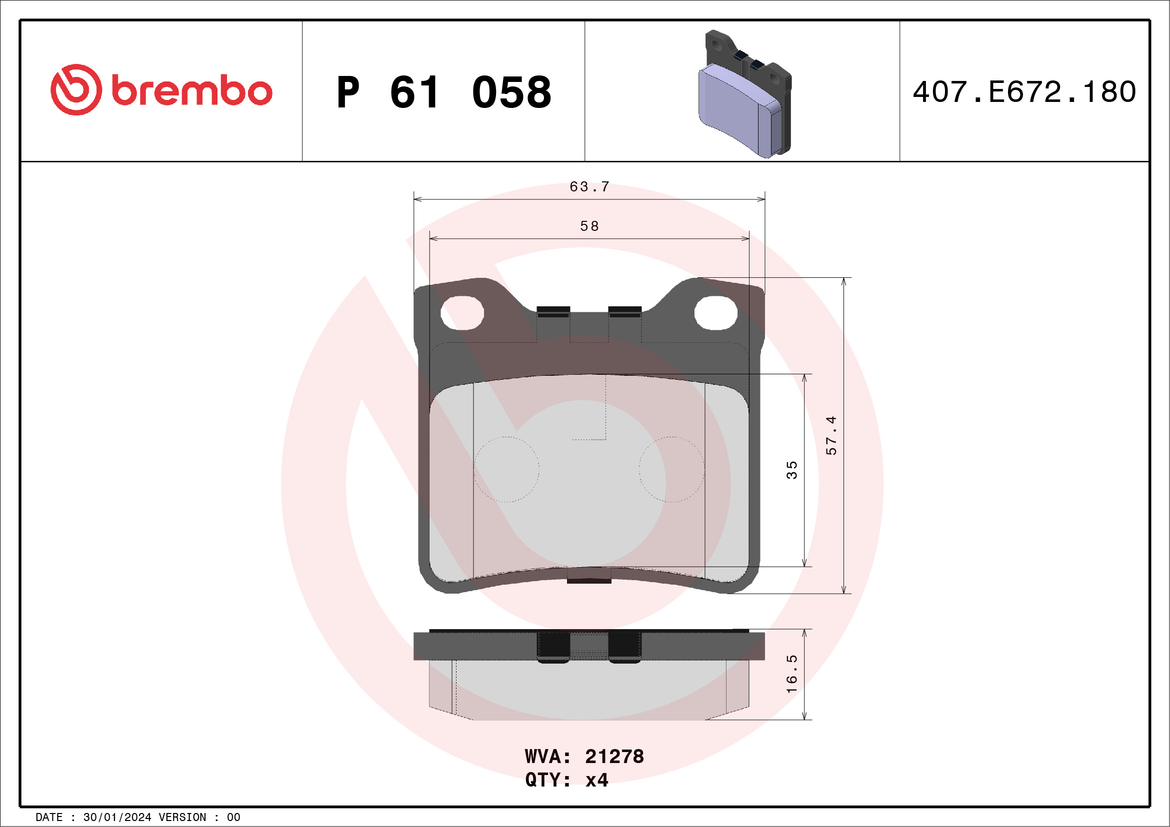 Jogo de 4 pastilhas de travão BREMBO ref. P 61 058