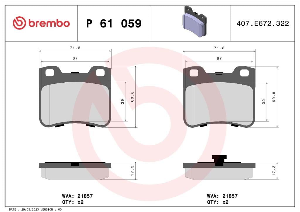 Jeu de 4 plaquettes de frein BREMBO ref. P 61 059