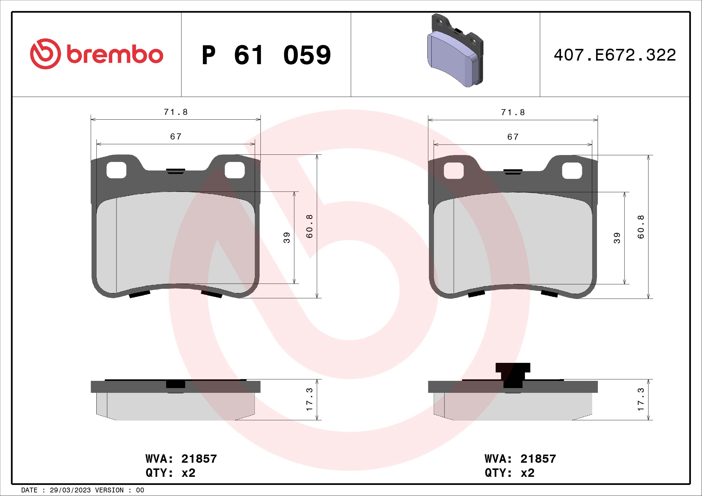 Jeu de 4 plaquettes de frein BREMBO ref. P 61 059