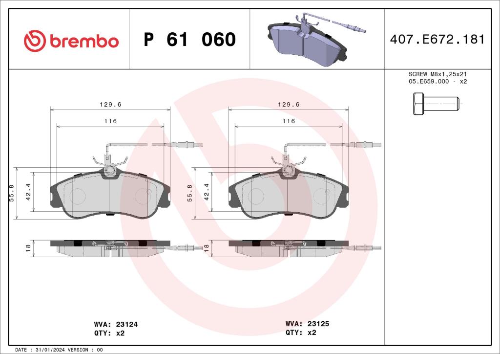 Jeu de 4 plaquettes de frein BREMBO ref. P 61 060