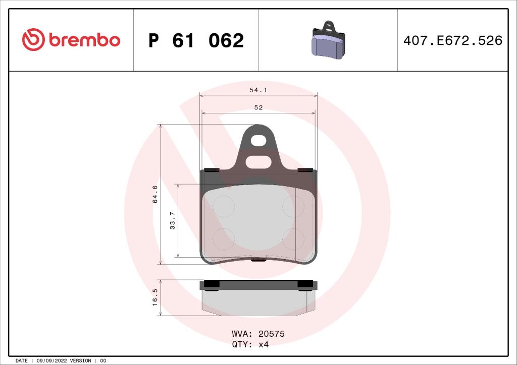Jeu de 4 plaquettes de frein BREMBO ref. P 61 062
