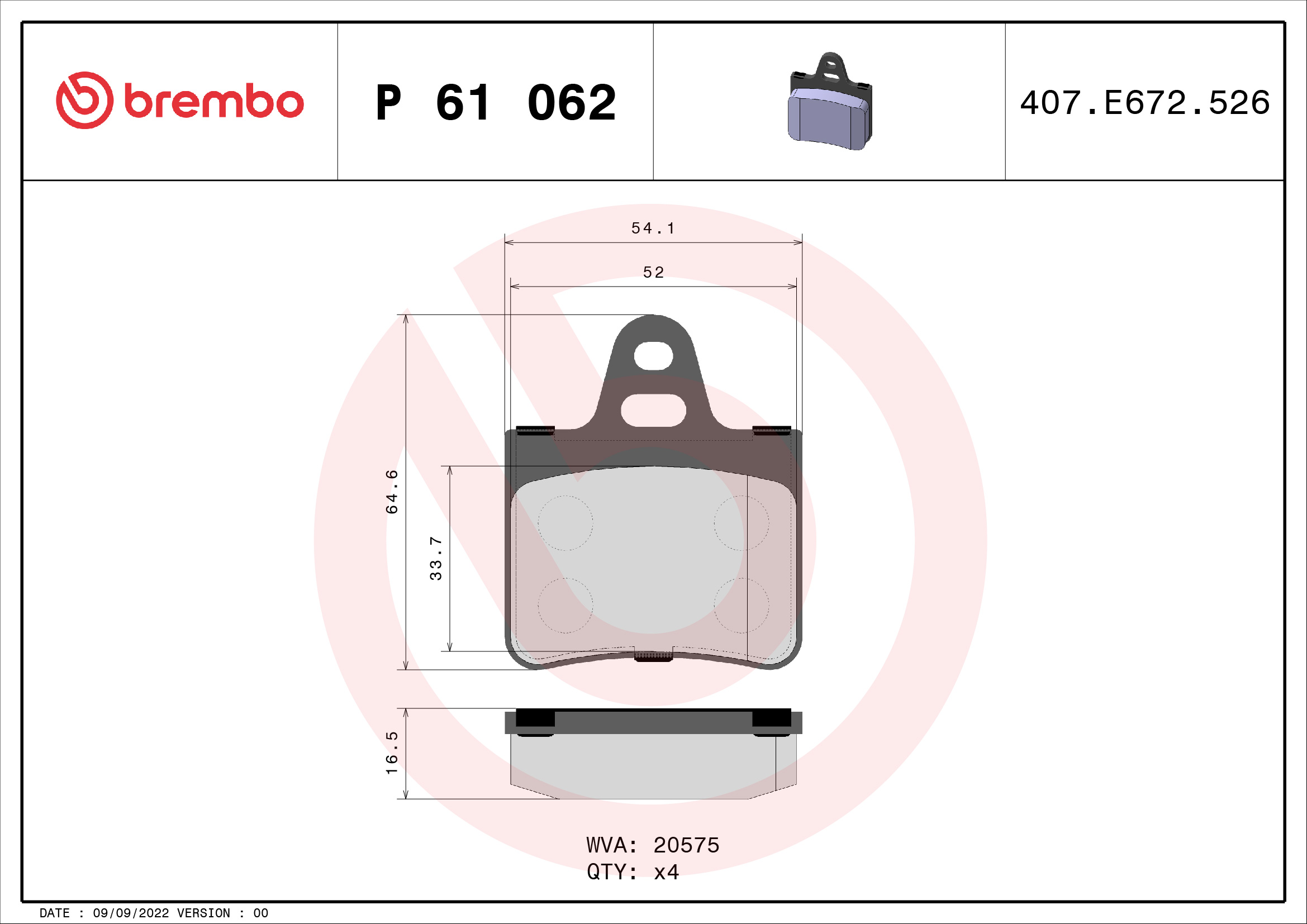 Jeu de 4 plaquettes de frein BREMBO ref. P 61 062