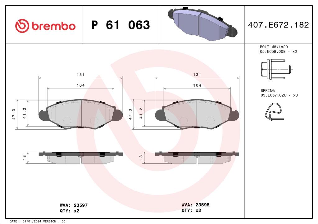 Jogo de 4 pastilhas de travão BREMBO ref. P 61 063