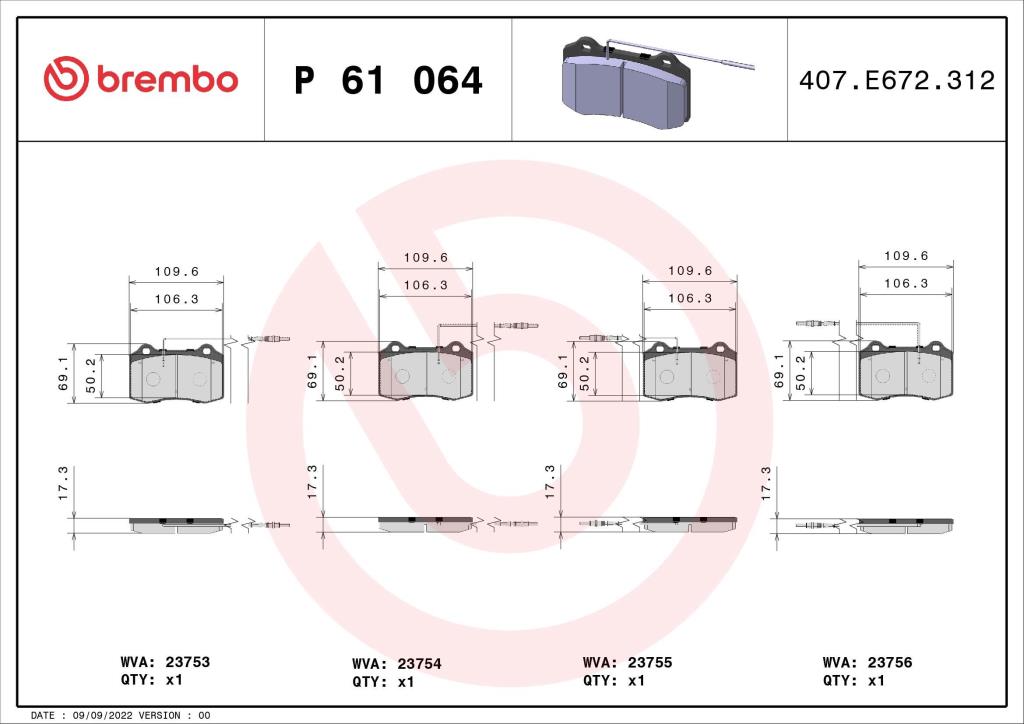 Jogo de 4 pastilhas de travão BREMBO ref. P 61 064