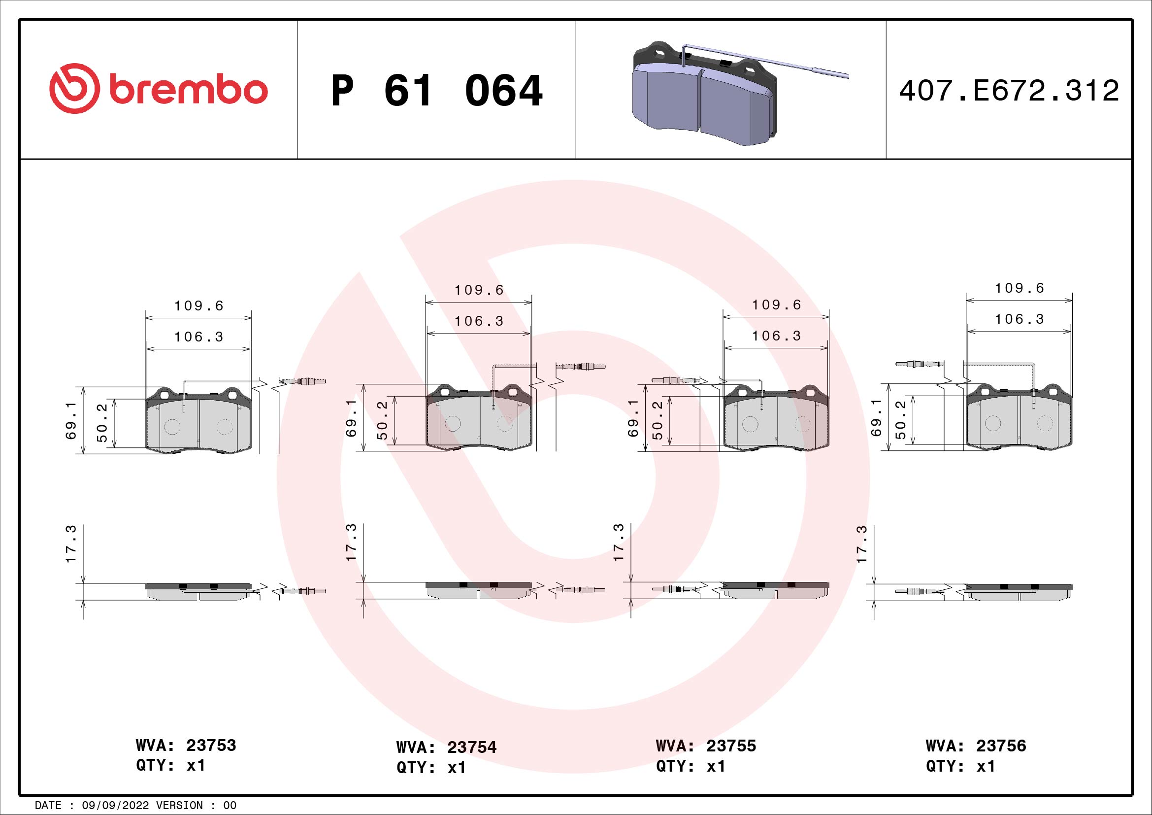 Jogo de 4 pastilhas de travão BREMBO ref. P 61 064