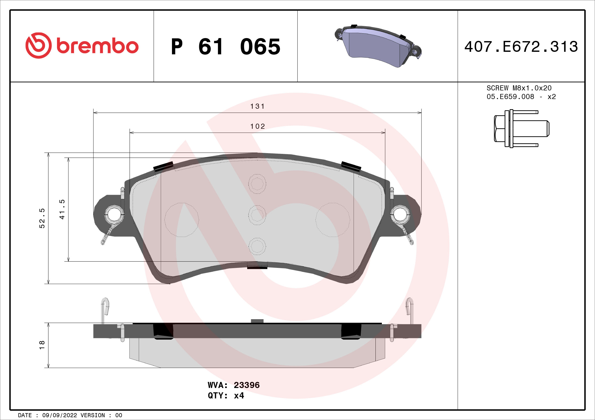 Jogo de 4 pastilhas de travão BREMBO ref. P 61 065