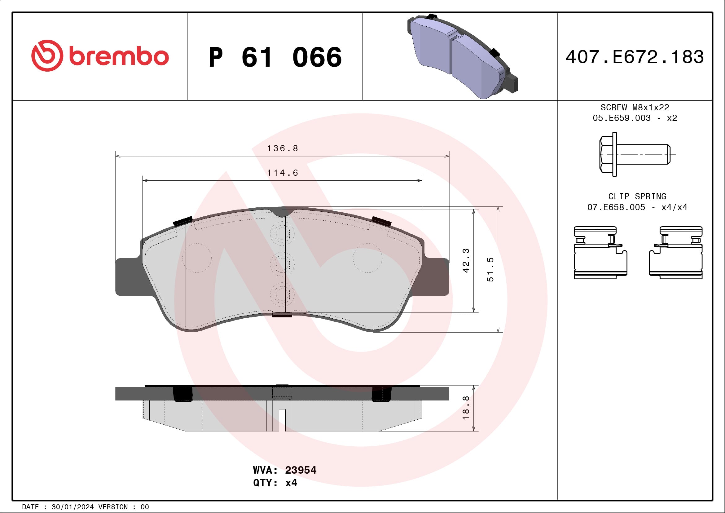 Jogo de 4 pastilhas de travão BREMBO ref. P 61 066