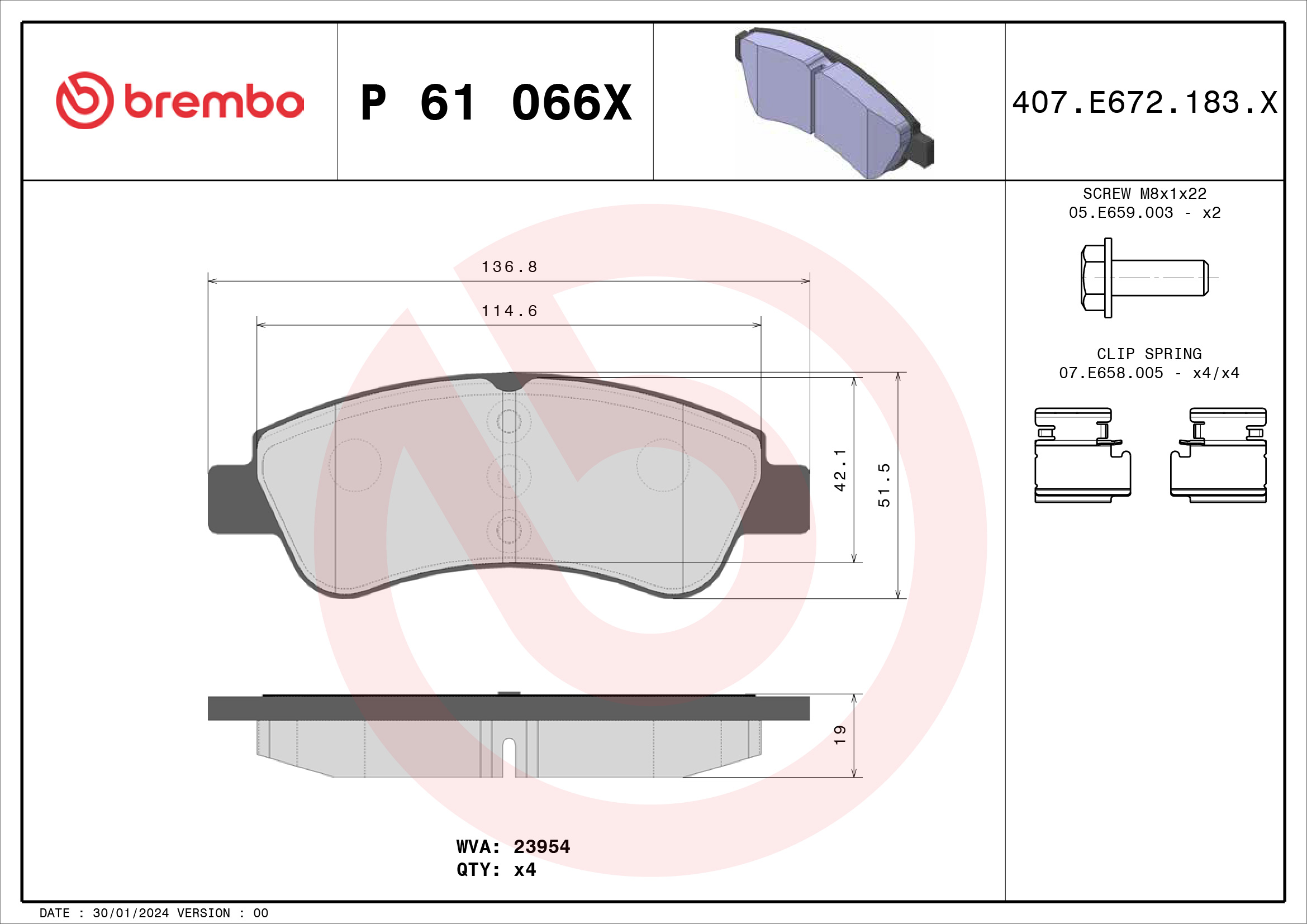 Jogo de 4 pastilhas de travão BREMBO ref. P 61 066X