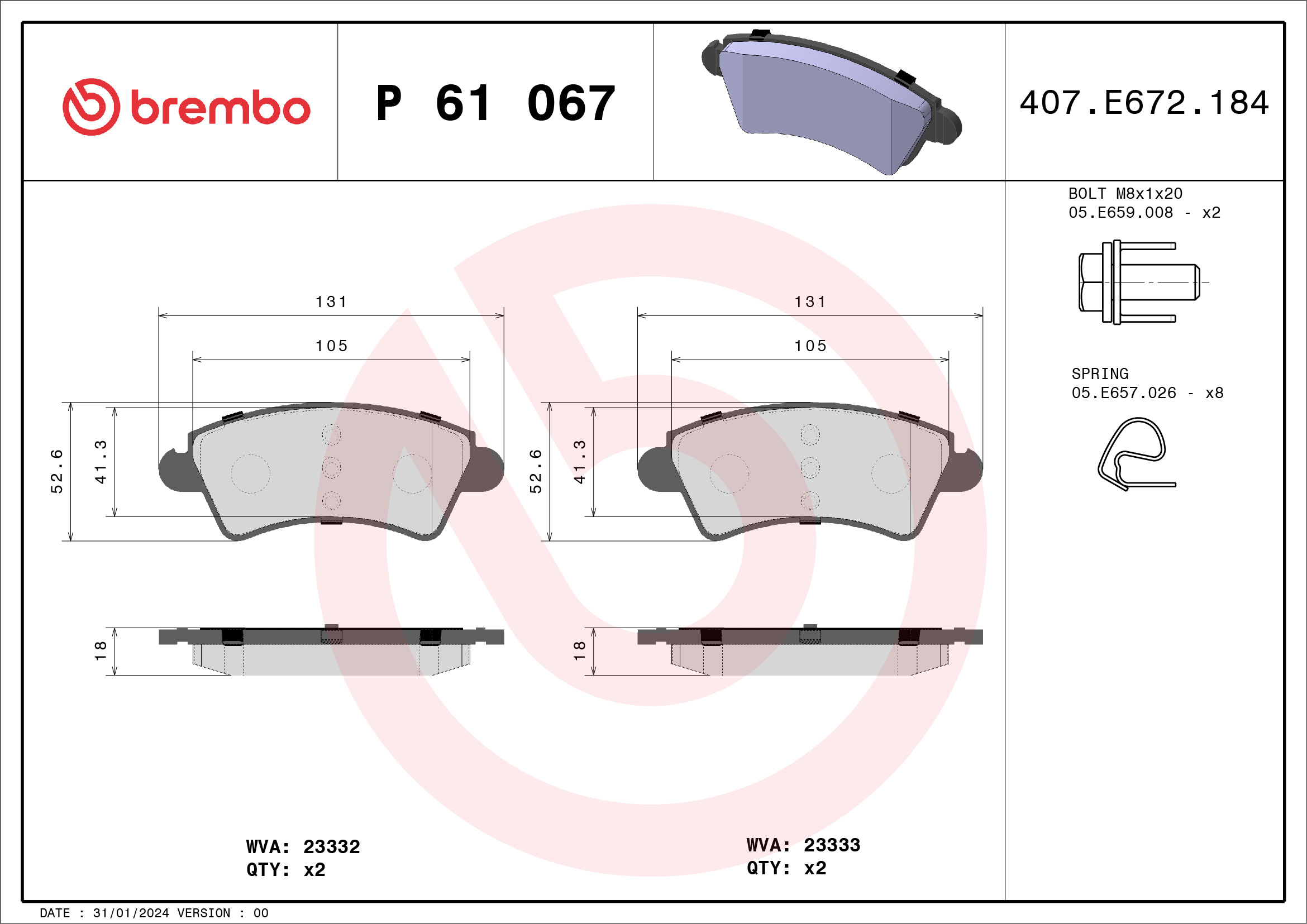 Jogo de 4 pastilhas de travão BREMBO ref. P 61 067