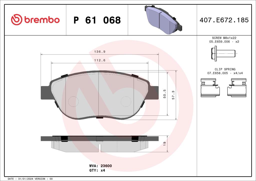 Jogo de 4 pastilhas de travão BREMBO ref. P 61 068