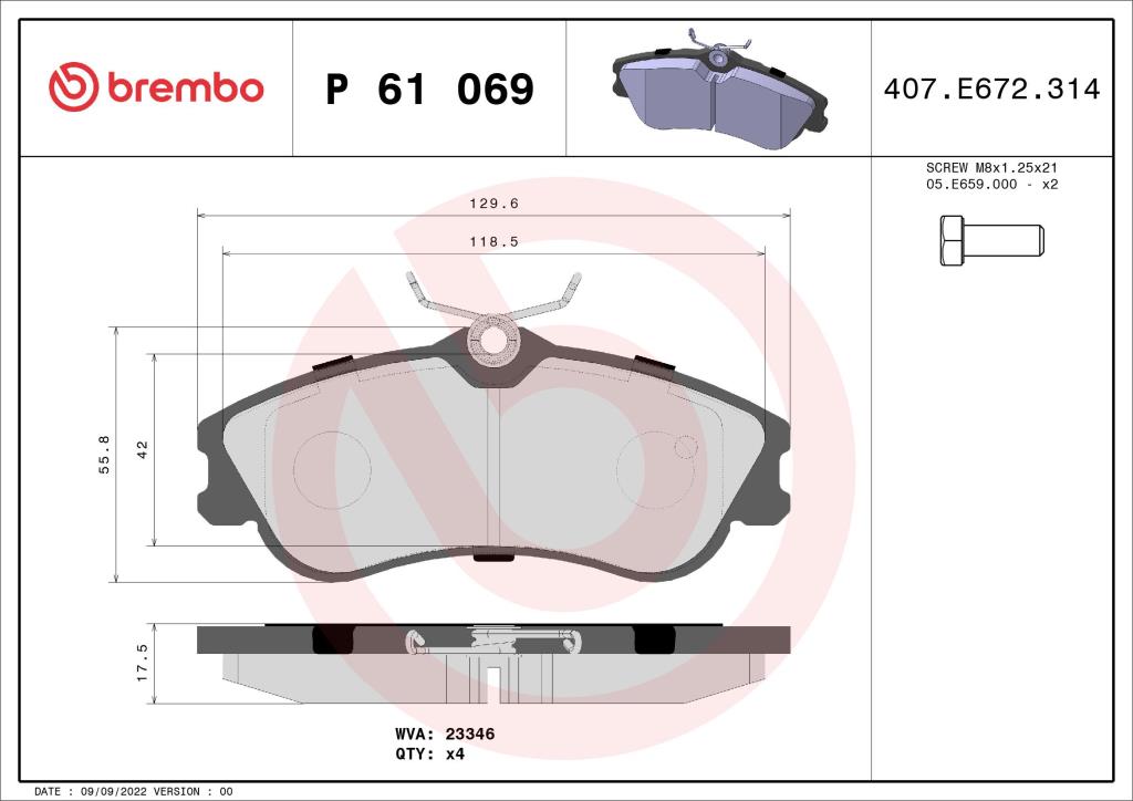 Jogo de 4 pastilhas de travão BREMBO ref. P 61 069