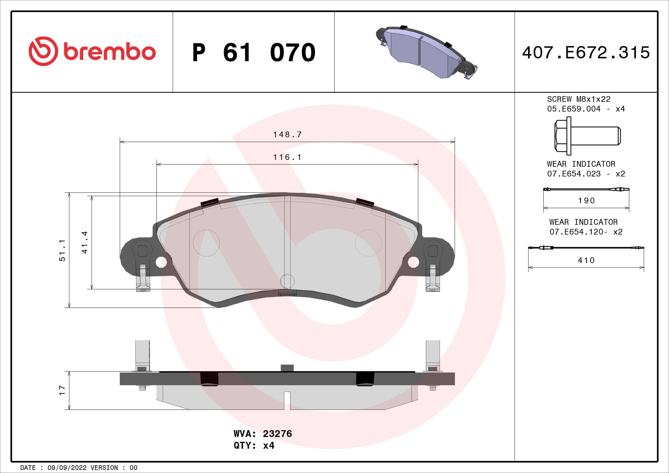 Jeu de 4 plaquettes de frein BREMBO ref. P 61 070