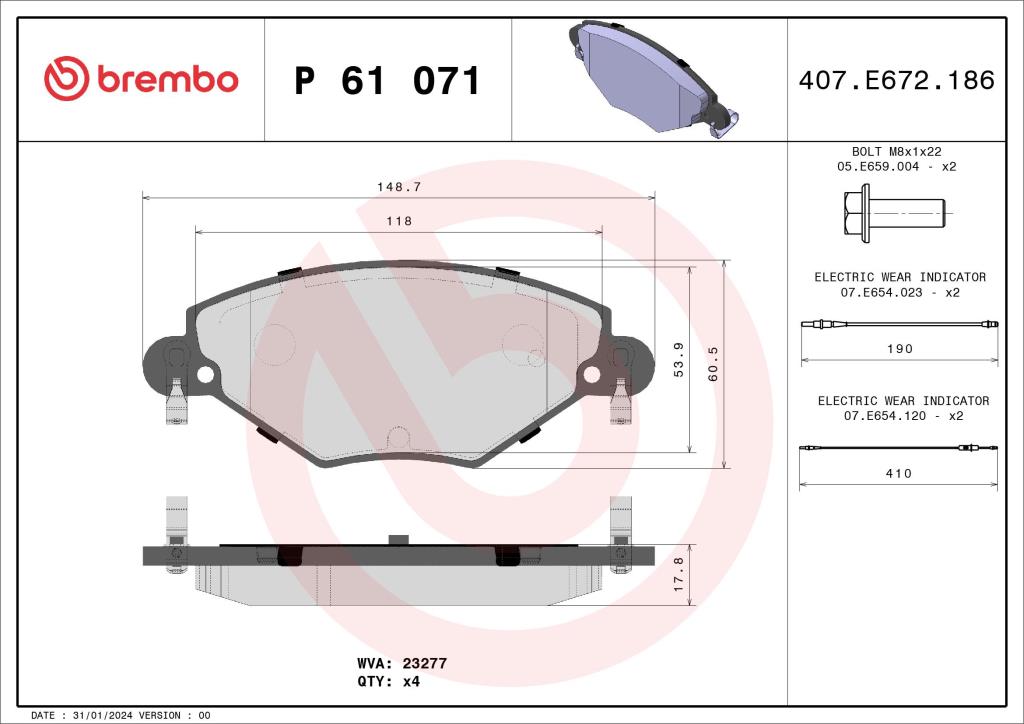 Jogo de 4 pastilhas de travão BREMBO ref. P 61 071