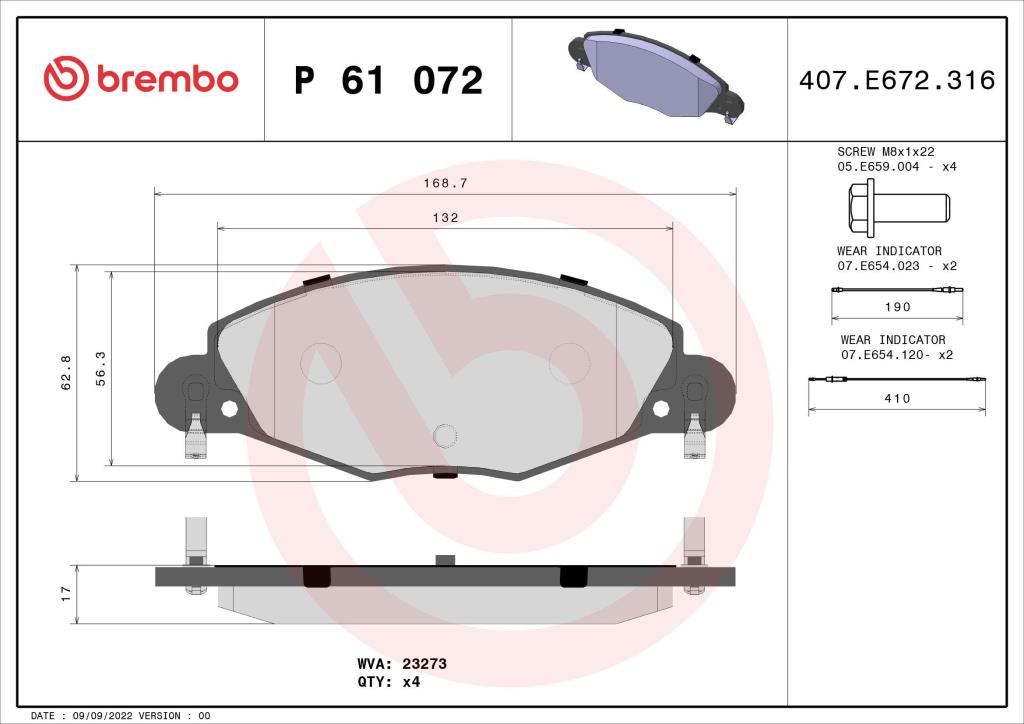 Jeu de 4 plaquettes de frein BREMBO ref. P 61 072