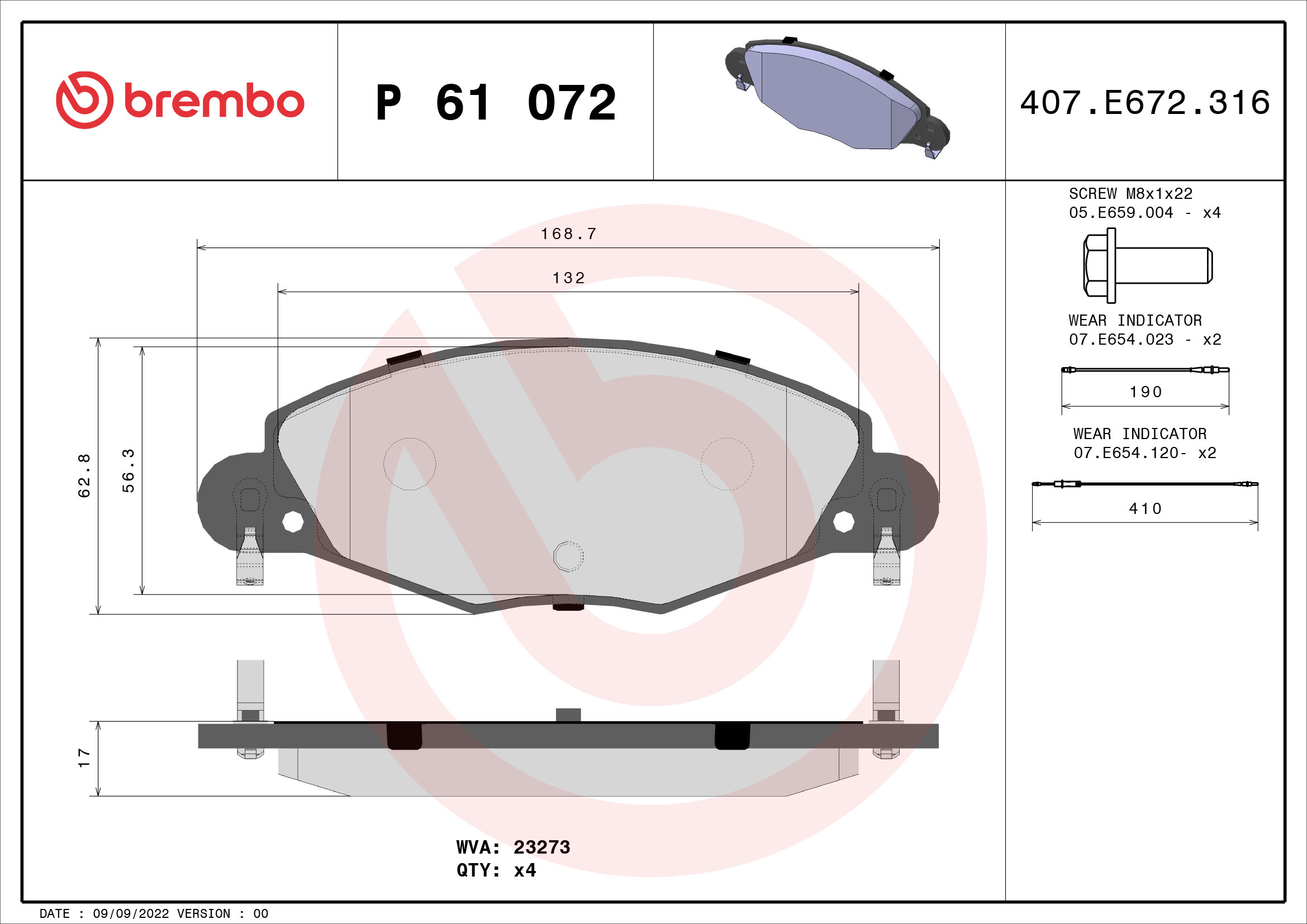 Jeu de 4 plaquettes de frein BREMBO ref. P 61 072
