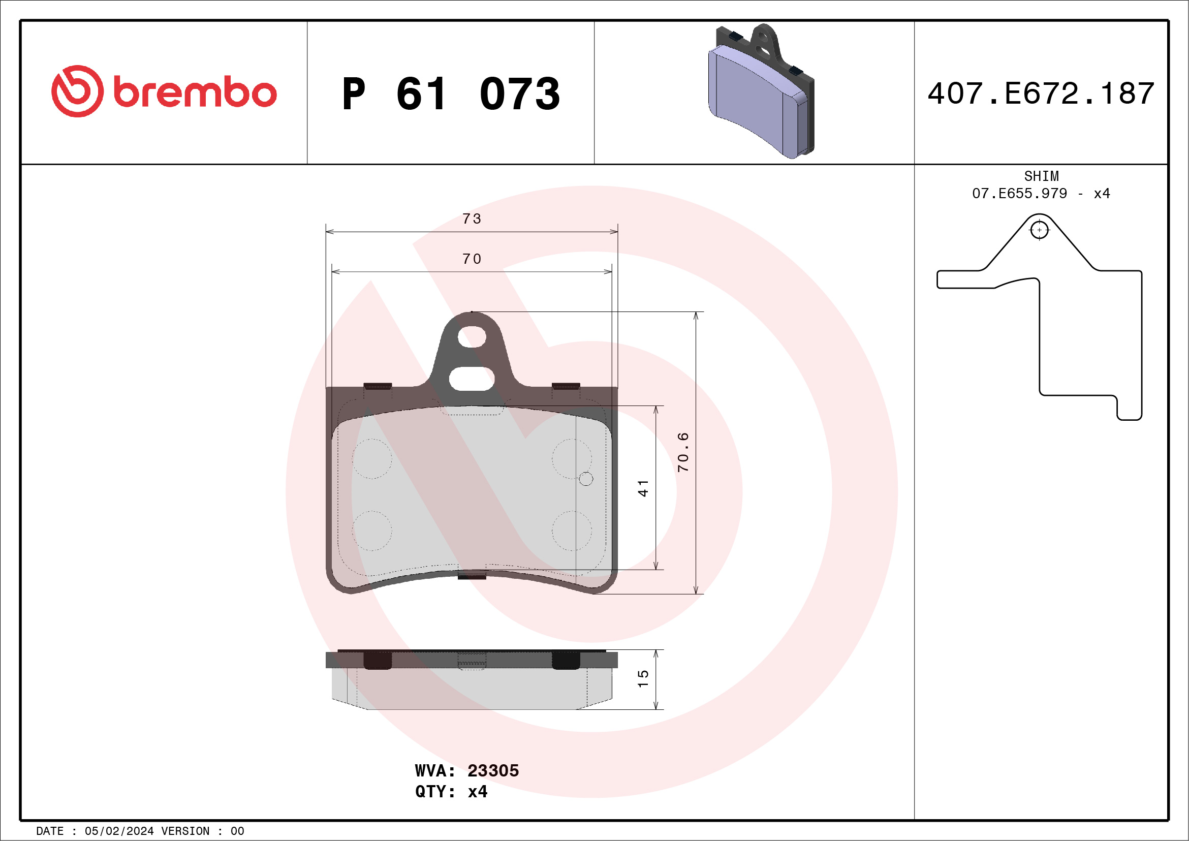 Jogo de 4 pastilhas de travão BREMBO ref. P 61 073