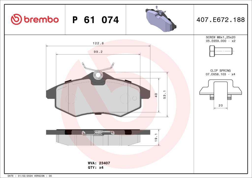 Jogo de 4 pastilhas de travão BREMBO ref. P 61 074