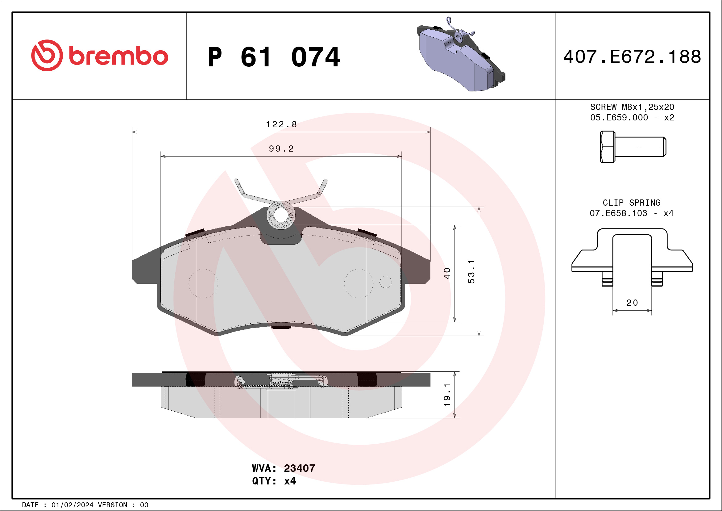 Jogo de 4 pastilhas de travão BREMBO ref. P 61 074