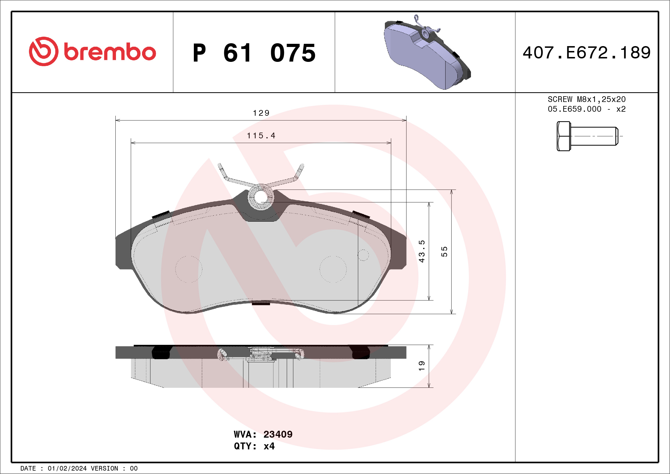 Jogo de 4 pastilhas de travão BREMBO ref. P 61 075