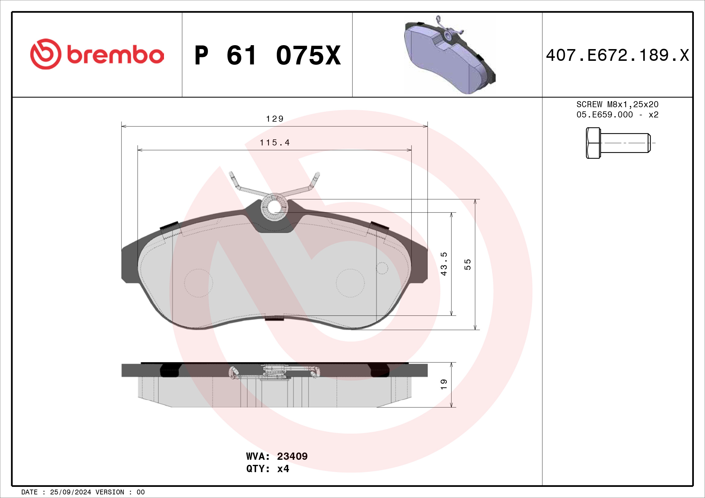 Jogo de 4 pastilhas de travão BREMBO ref. P 61 075X