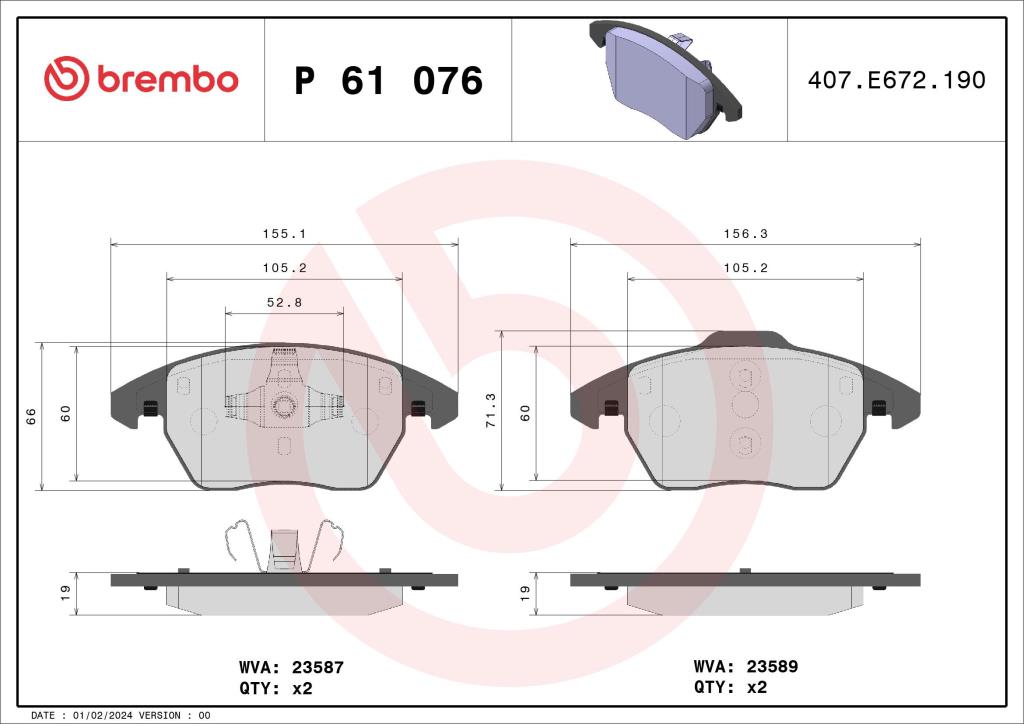 Jogo de 4 pastilhas de travão BREMBO ref. P 61 076