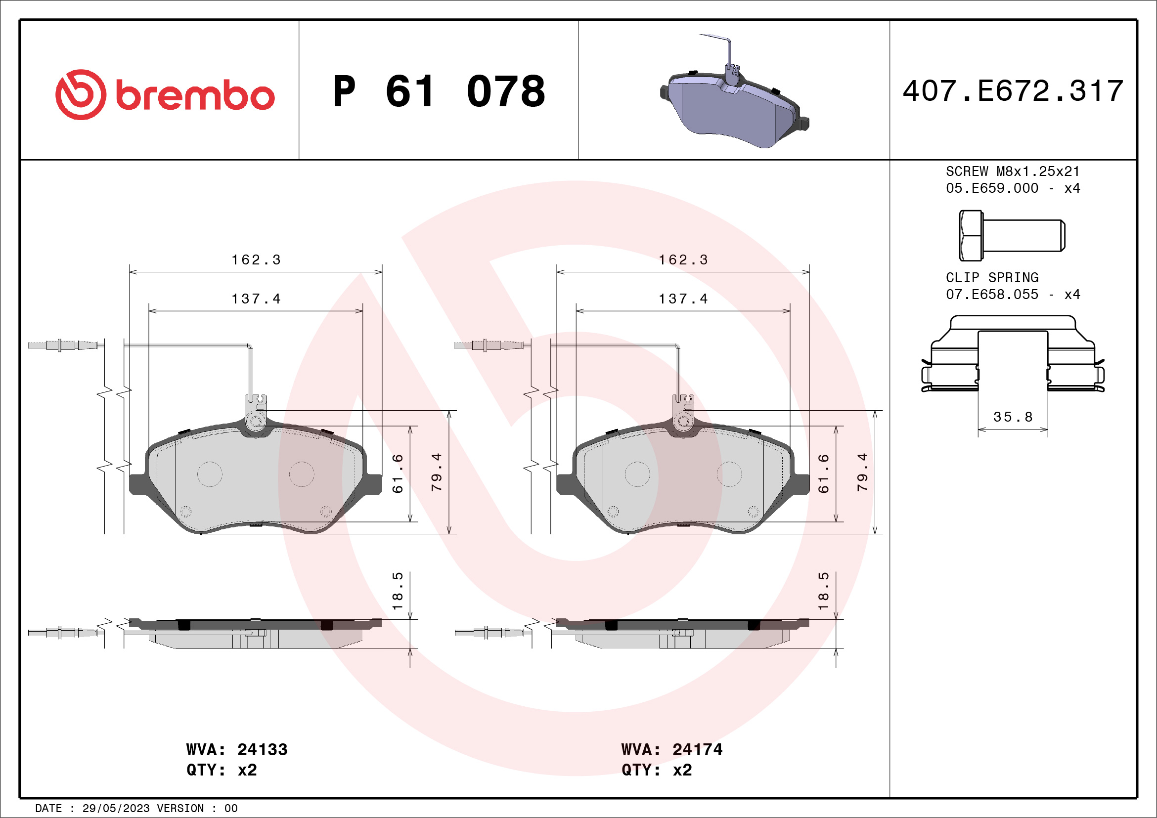 Jogo de 4 pastilhas de travão BREMBO ref. P 61 078