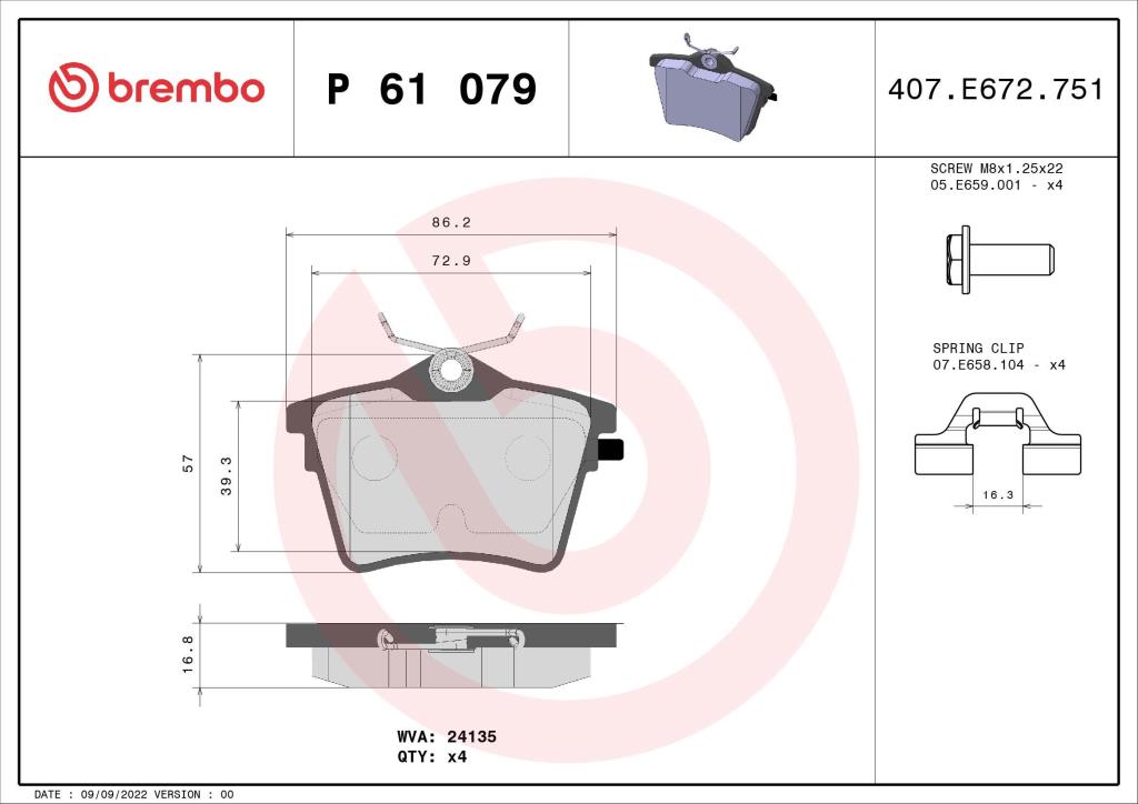 Jeu de 4 plaquettes de frein BREMBO ref. P 61 079