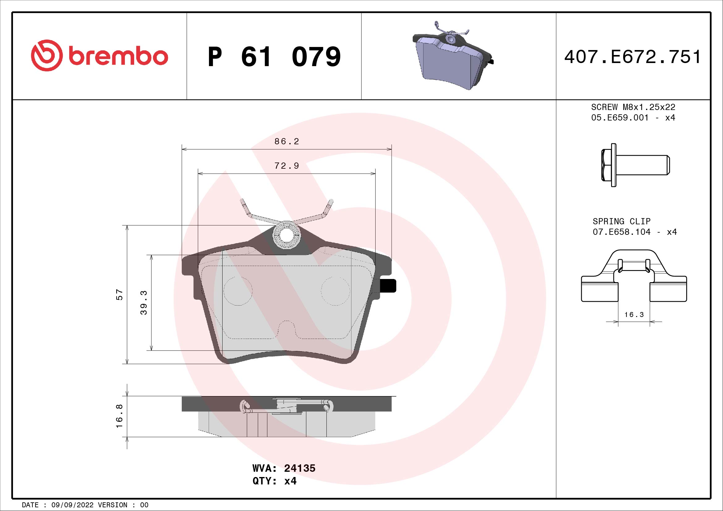 Jeu de 4 plaquettes de frein BREMBO ref. P 61 079