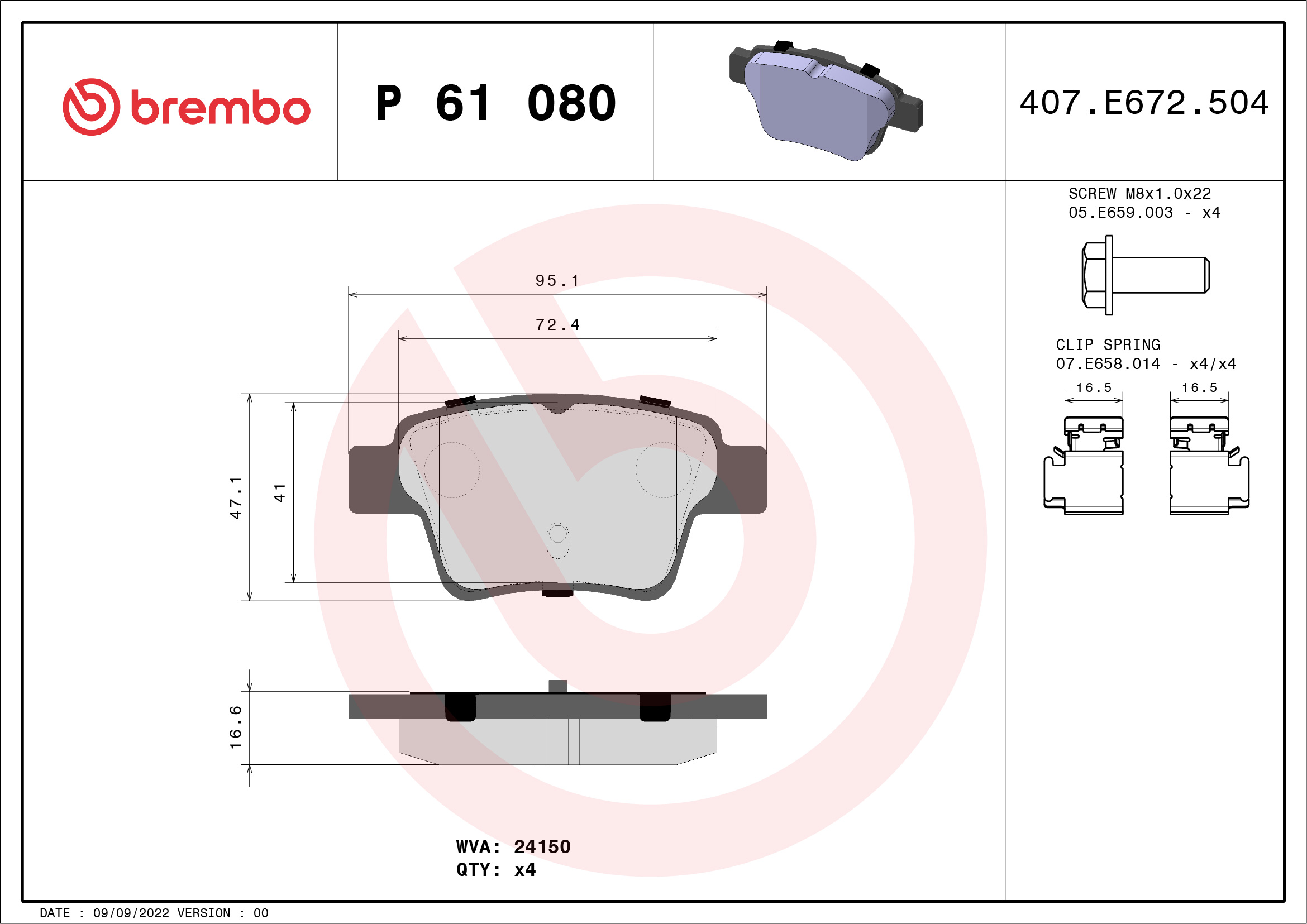 Jogo de 4 pastilhas de travão BREMBO ref. P 61 080