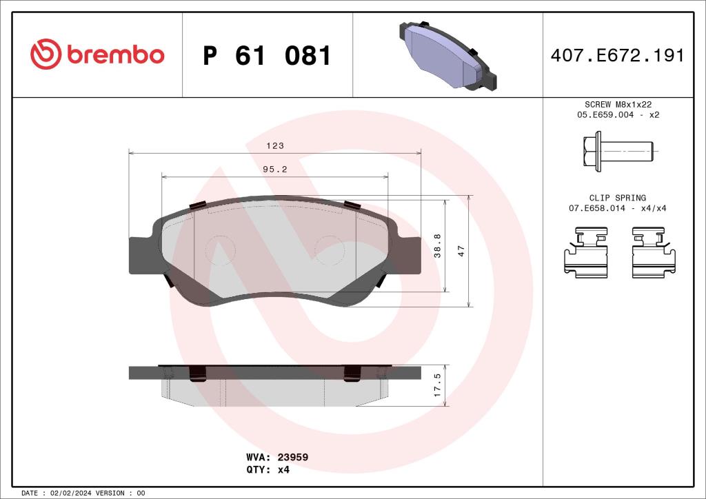 Jeu de 4 plaquettes de frein BREMBO ref. P 61 081