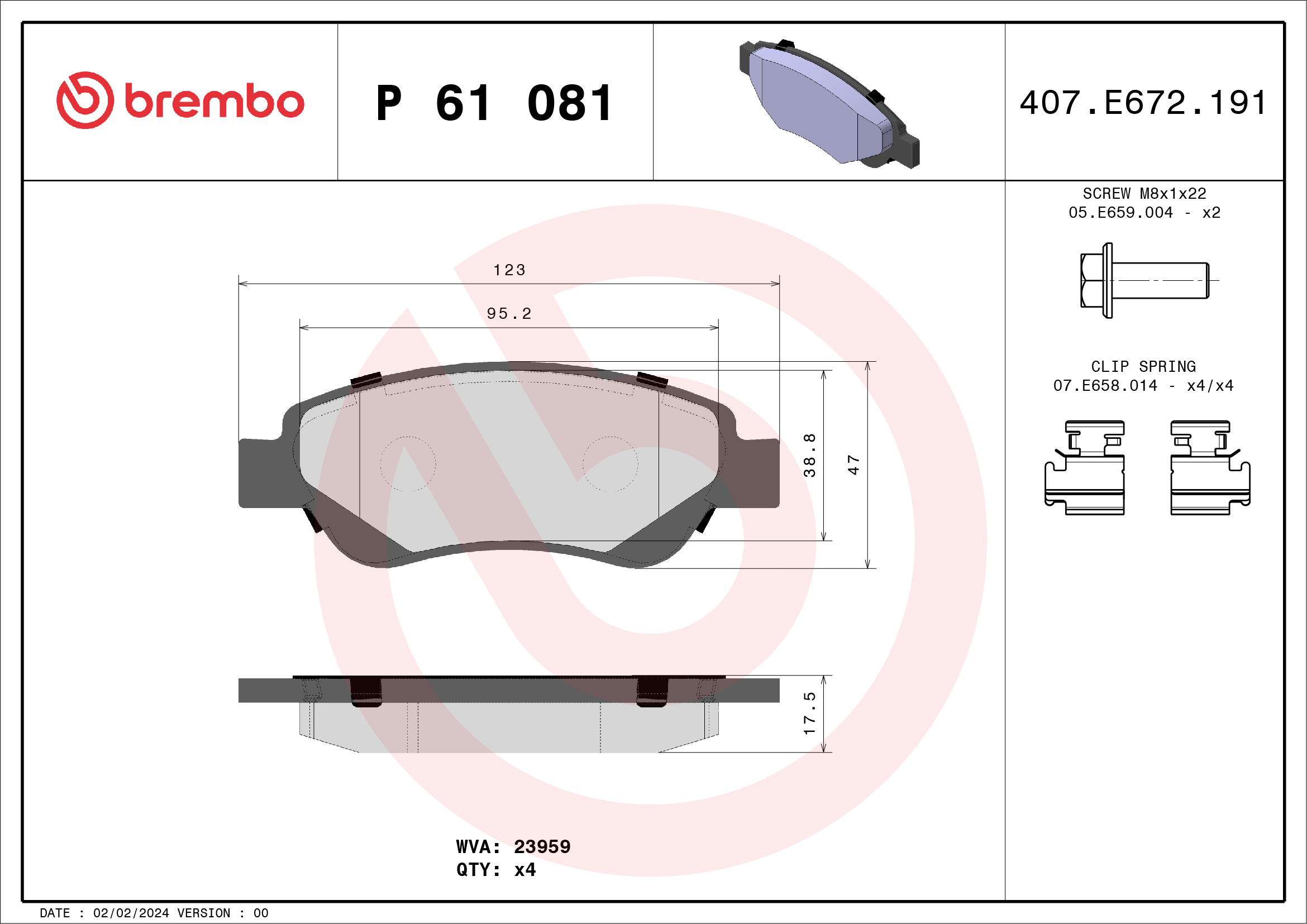 Jeu de 4 plaquettes de frein BREMBO ref. P 61 081