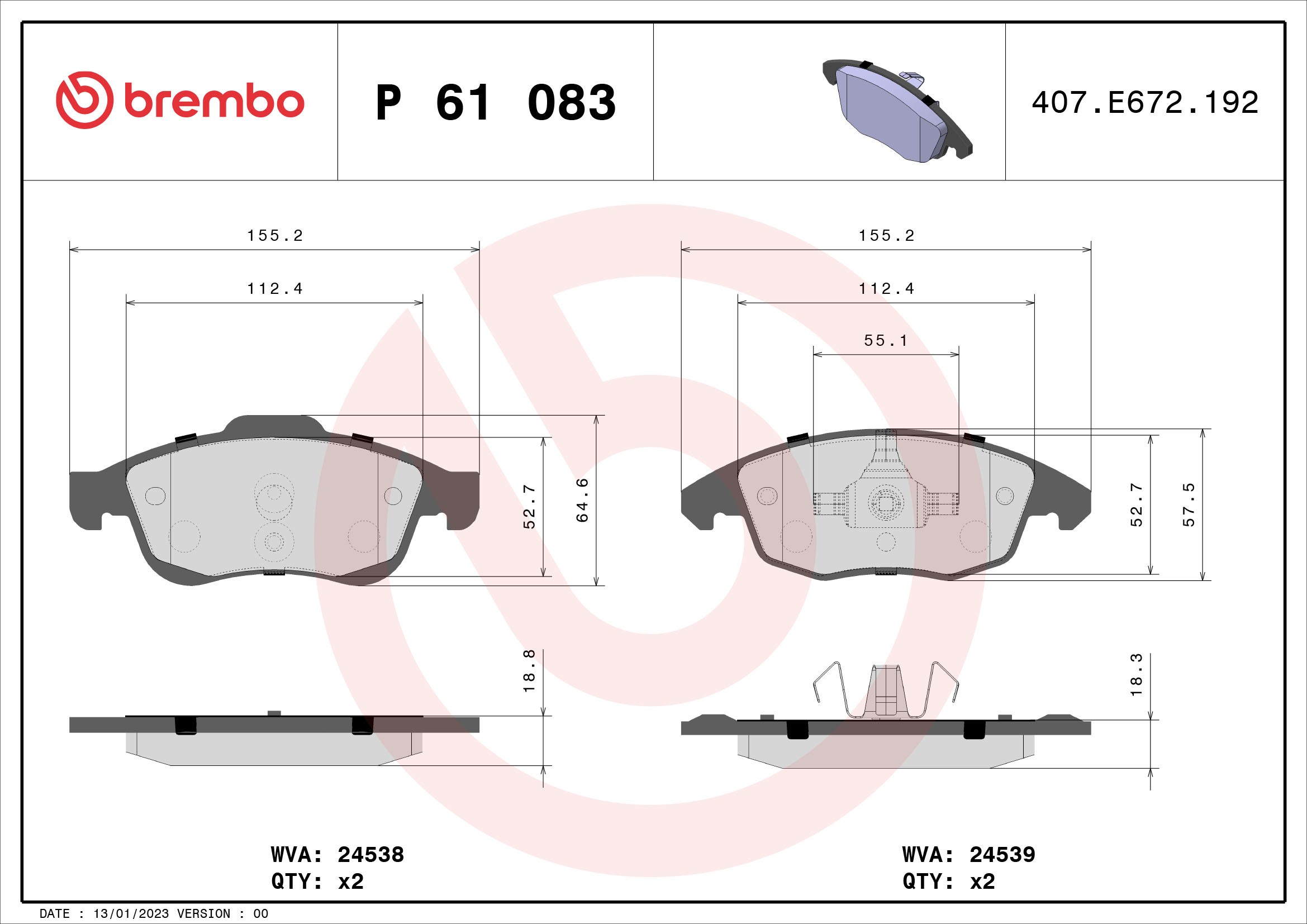 Jeu de 4 plaquettes de frein BREMBO ref. P 61 083