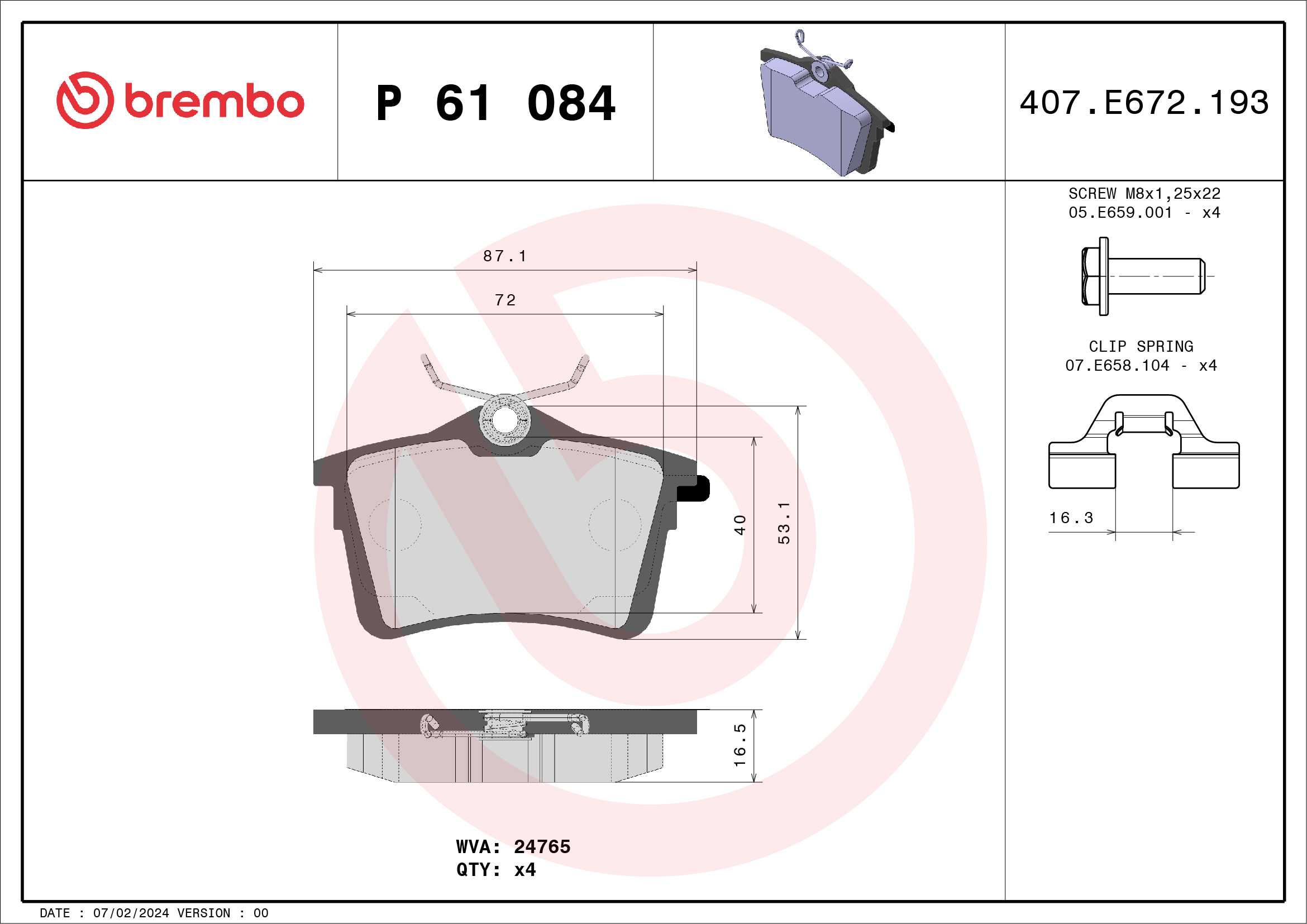 Jogo de 4 pastilhas de travão BREMBO ref. P 61 084