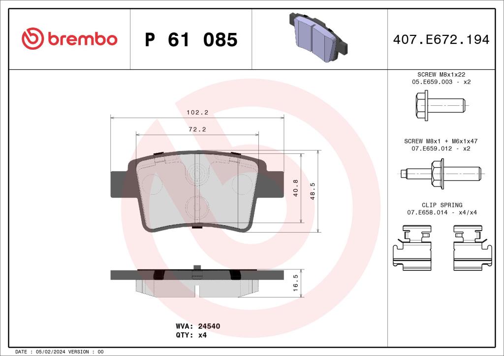Jeu de 4 plaquettes de frein BREMBO ref. P 61 085