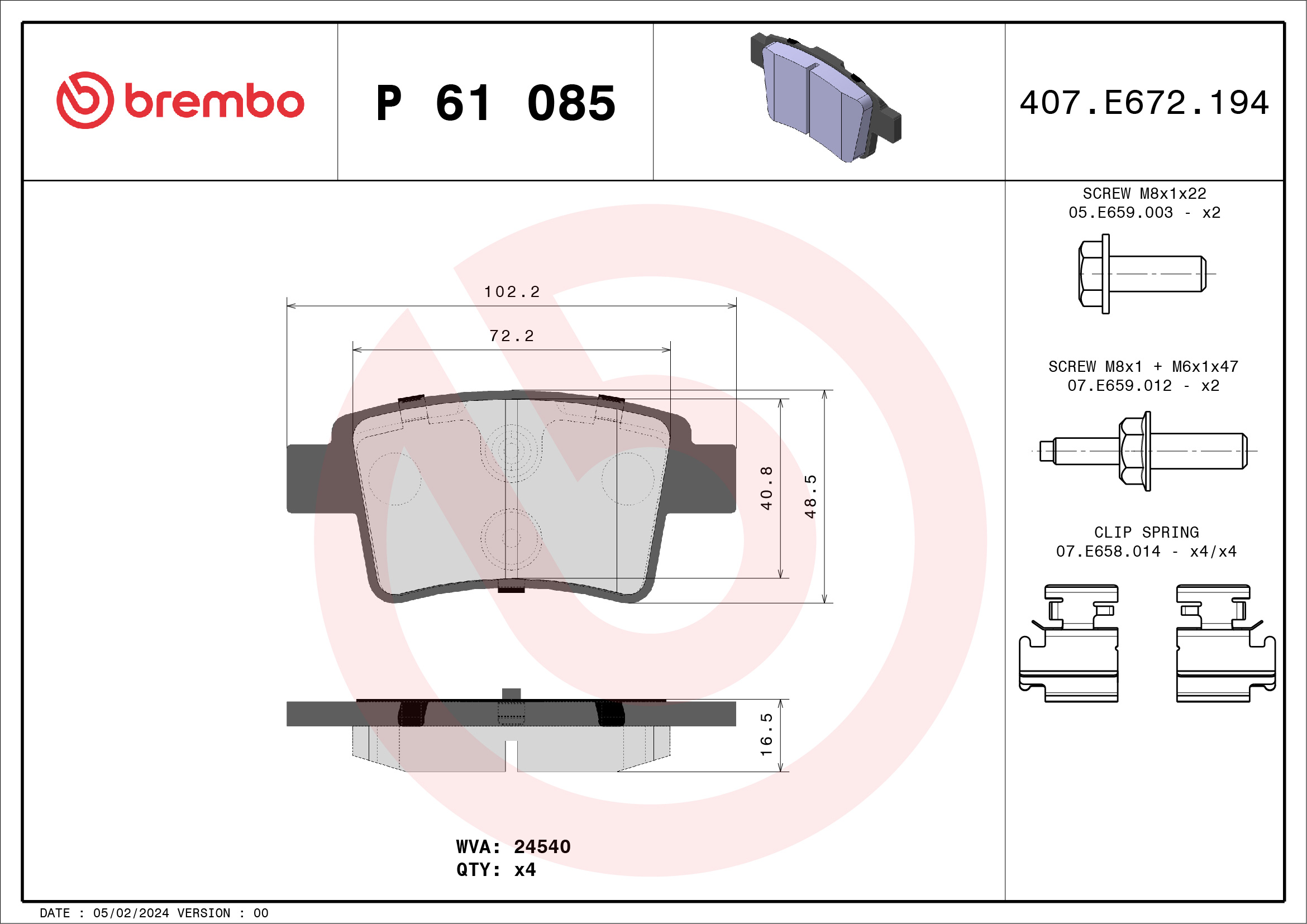 Jeu de 4 plaquettes de frein BREMBO ref. P 61 085