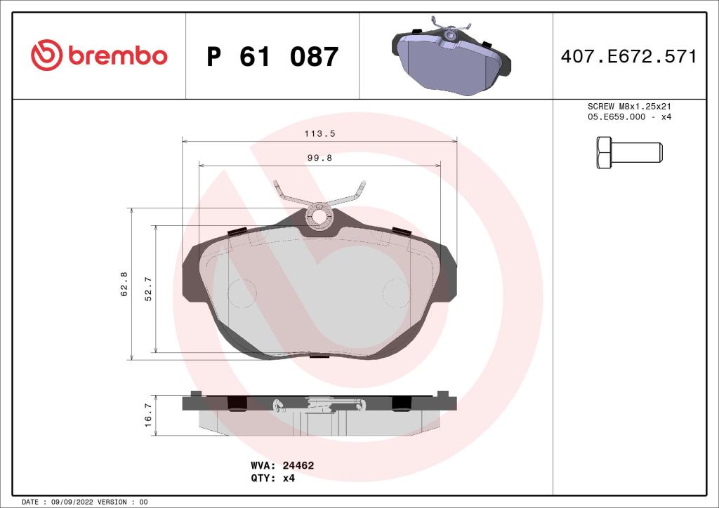Jeu de 4 plaquettes de frein BREMBO ref. P 61 087