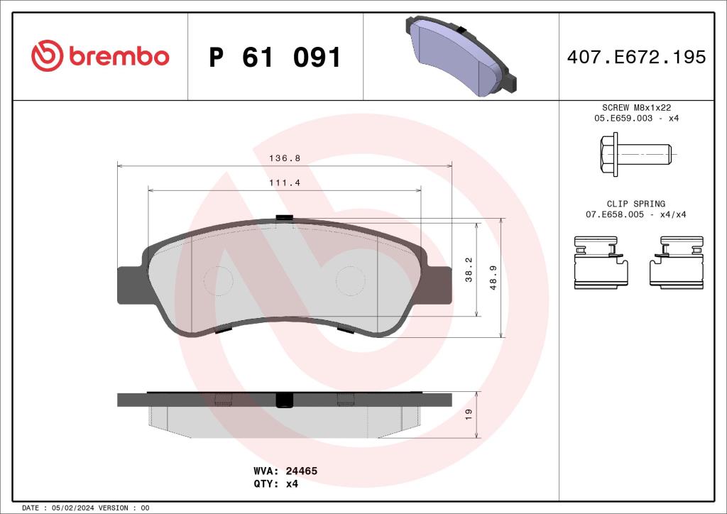 Jogo de 4 pastilhas de travão BREMBO ref. P 61 091