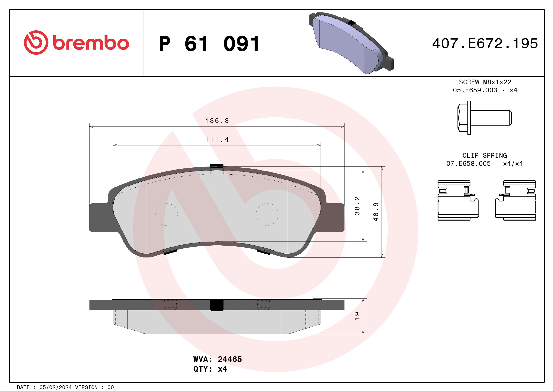 Jogo de 4 pastilhas de travão BREMBO ref. P 61 091