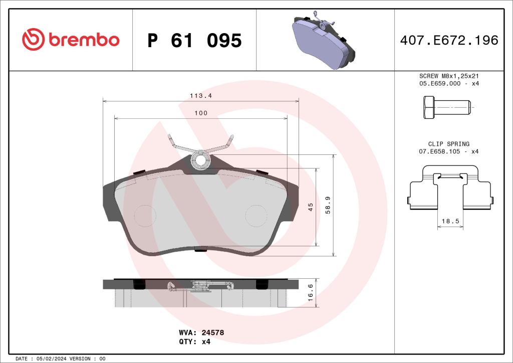 Jogo de 4 pastilhas de travão BREMBO ref. P 61 095