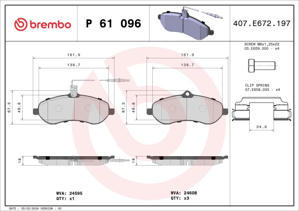 Jeu de 4 plaquettes de frein BREMBO ref. P 61 096