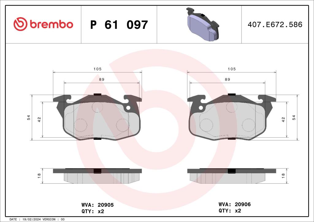 Jogo de 4 pastilhas de travão BREMBO ref. P 61 097