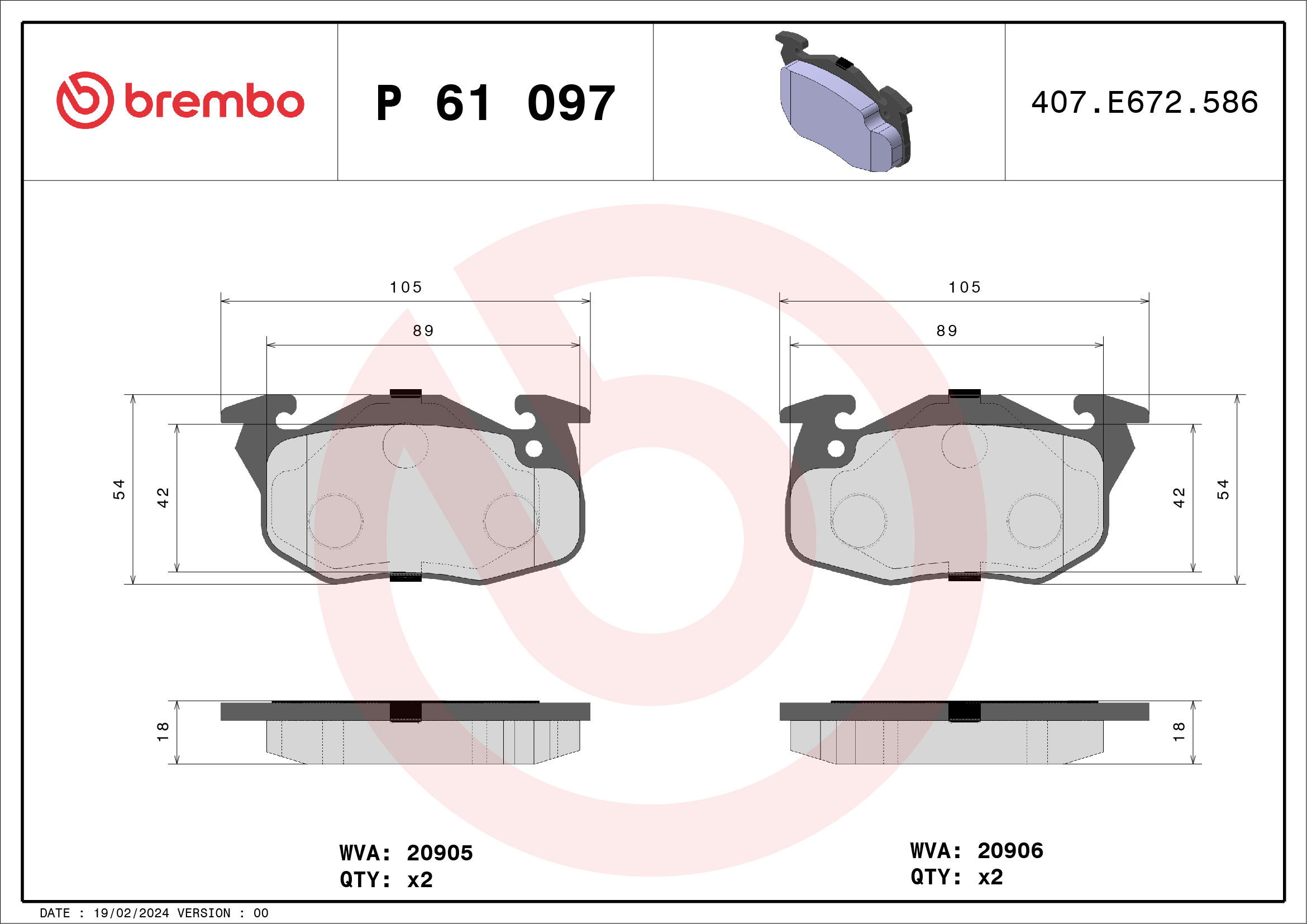 Jogo de 4 pastilhas de travão BREMBO ref. P 61 097
