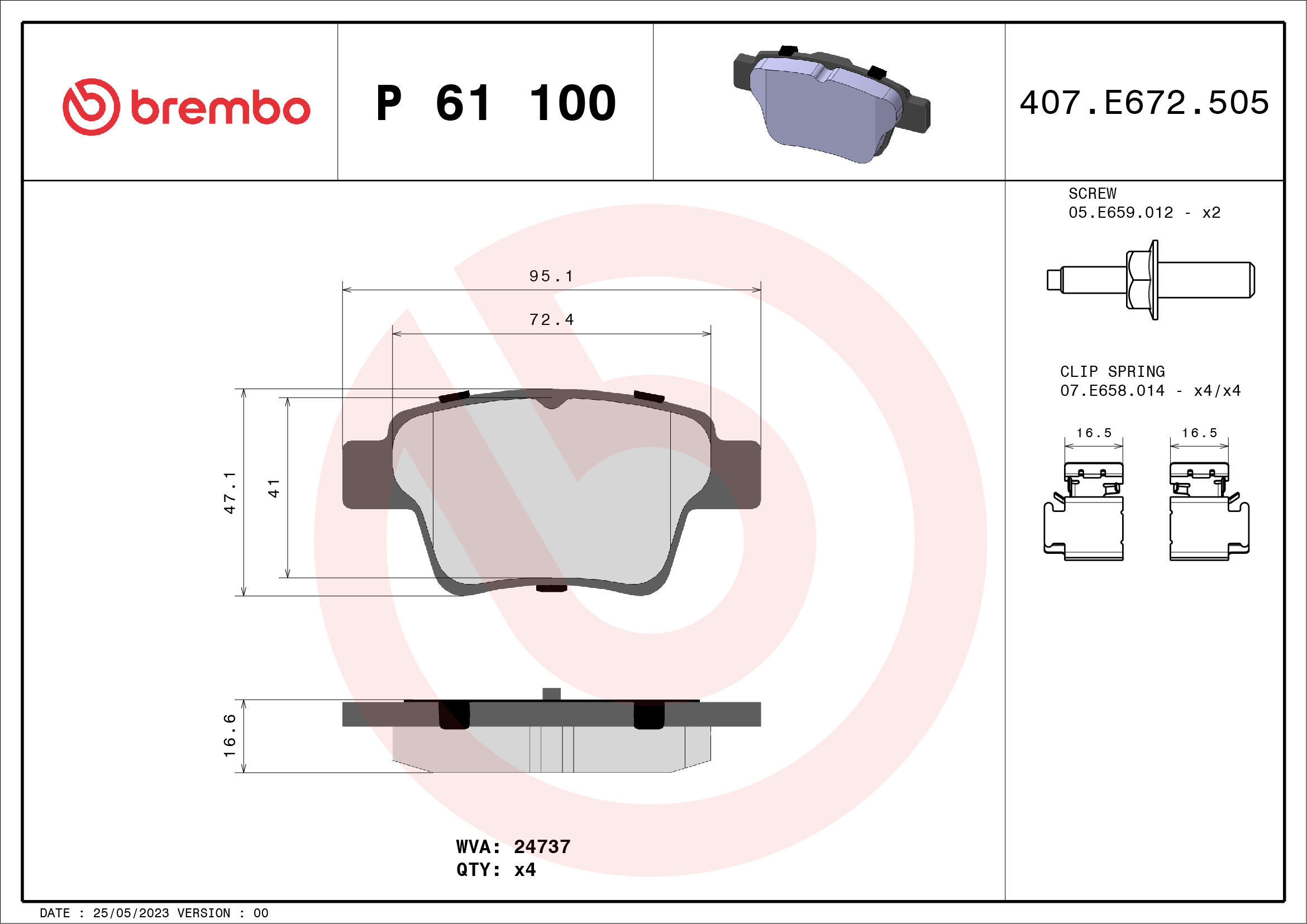 Jeu de 4 plaquettes de frein BREMBO ref. P 61 100