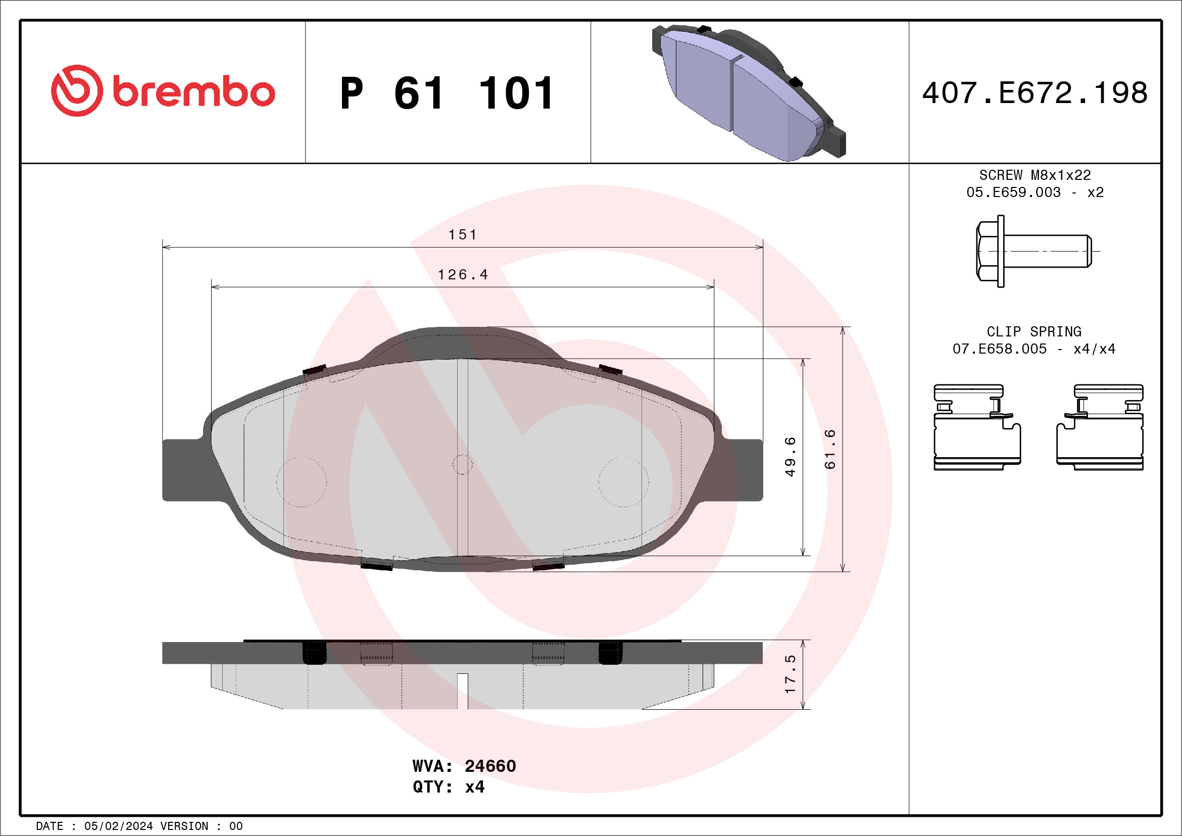 Jeu de 4 plaquettes de frein BREMBO ref. P 61 101