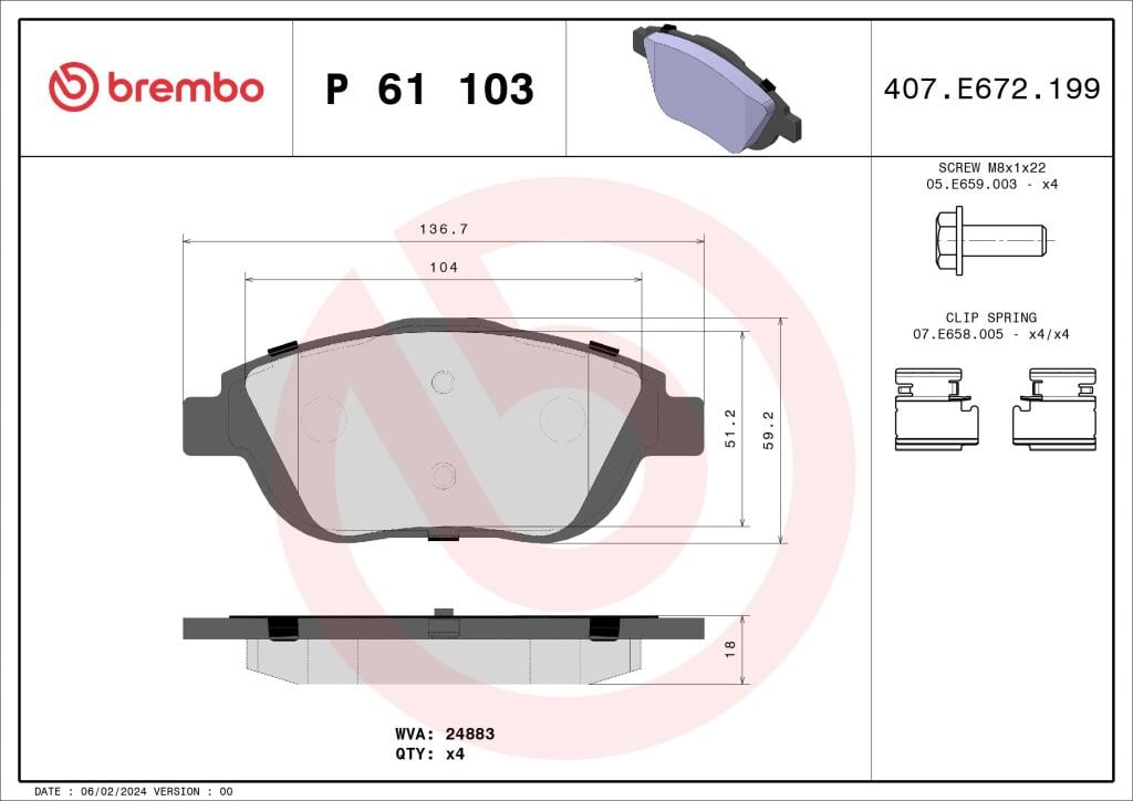 Jeu de 4 plaquettes de frein BREMBO ref. P 61 103