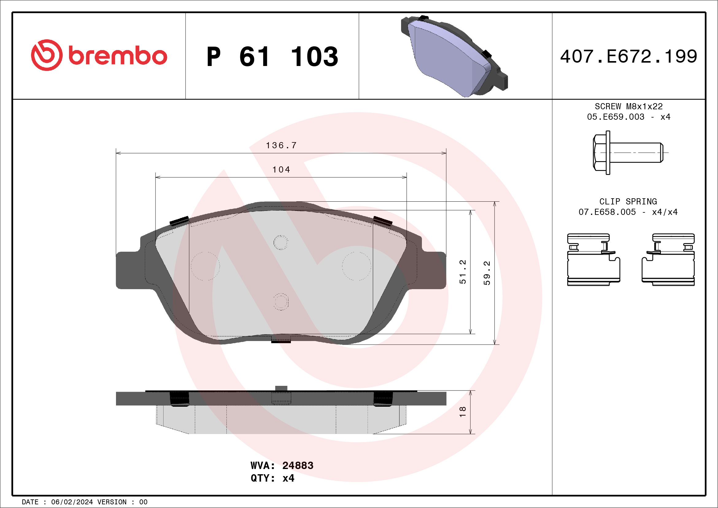 Jeu de 4 plaquettes de frein BREMBO ref. P 61 103