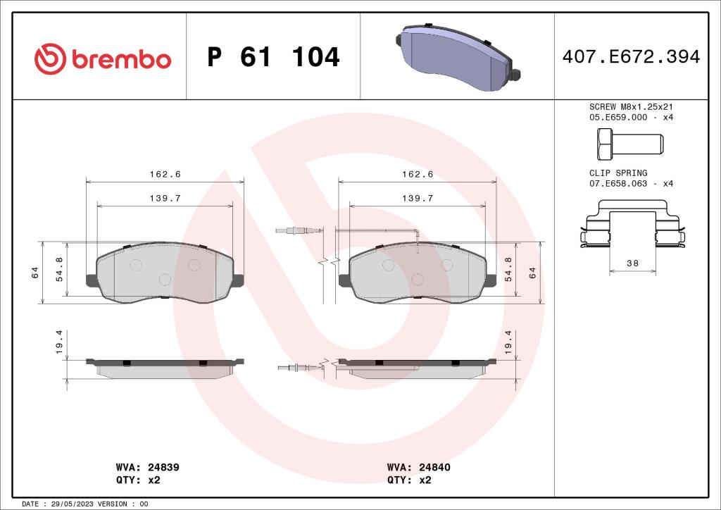 Jogo de 4 pastilhas de travão BREMBO ref. P 61 104