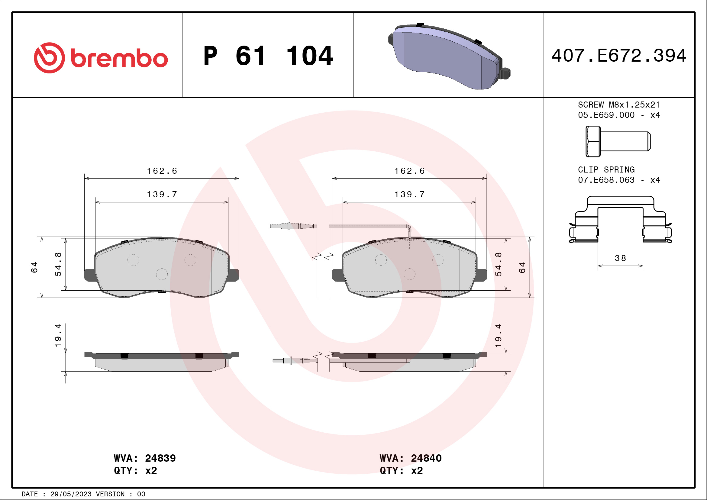 Jogo de 4 pastilhas de travão BREMBO ref. P 61 104