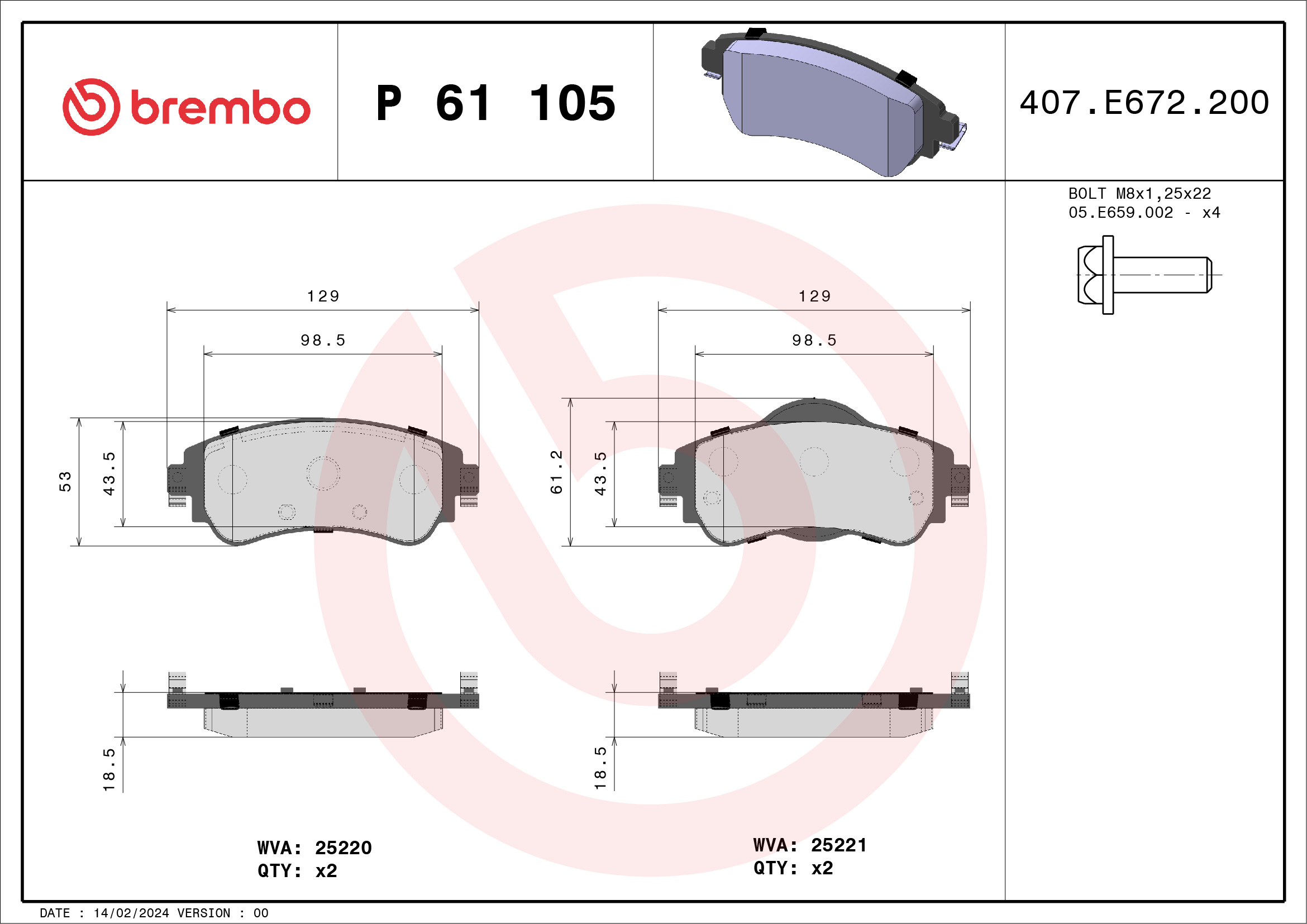 Jogo de 4 pastilhas de travão BREMBO ref. P 61 105
